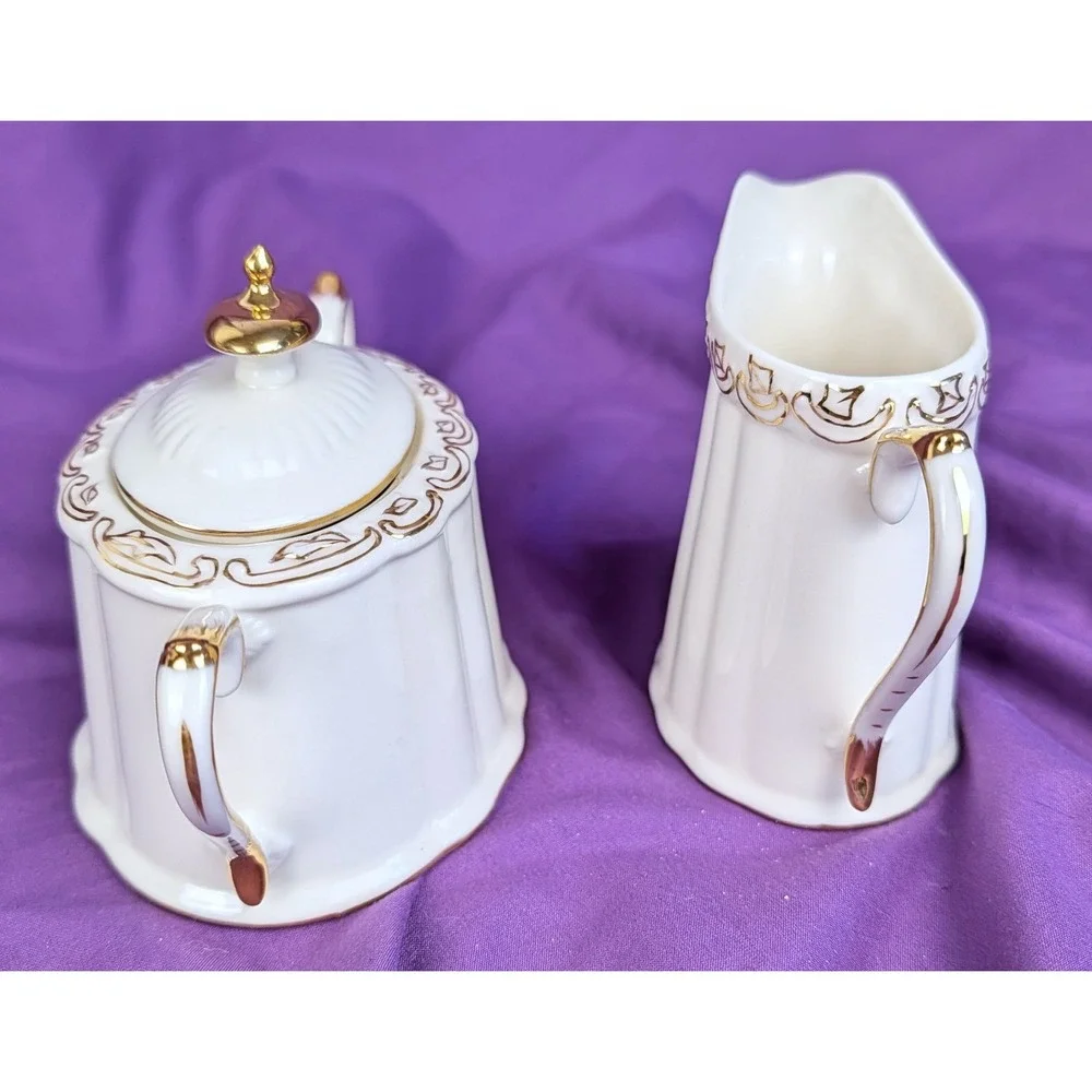 Olympia Creamer & Sugar Bowl With Lid Set White With gold trim Ribbed Oval NIB